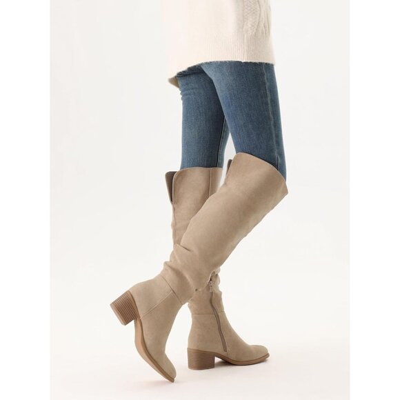 Women's Khaki Suede Over The Knee Thigh High Chunky Block Heel Pointed Toe Boots - Picture 5 of 6